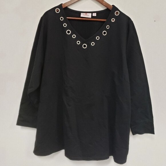 Quacker Factory Womens 3/4 Sleeve Gromet Top Size 3X Black Office Career Mature - Picture 1 of 9
